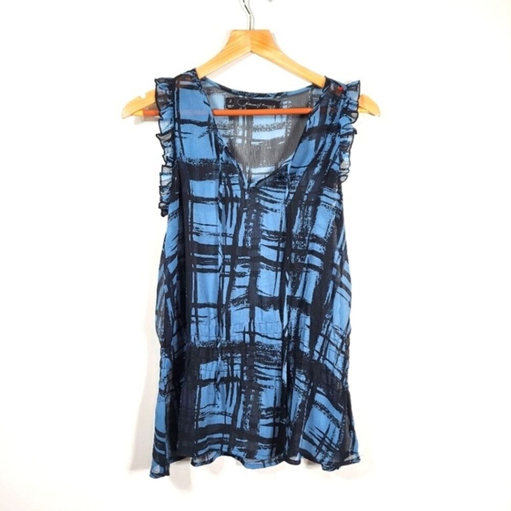 PJK Patterson J. Kincaid Blue and Black Brushstroke Plaid Sleeveless Blouse